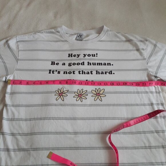JV by Jac Vanek Women's Size Large White Gray Stripe Be A Good Human T-Shirt - Picture 7 of 9